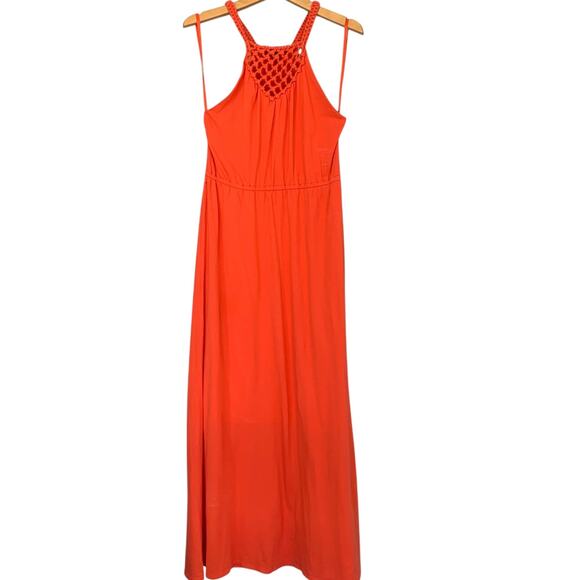 LRL Maxi Dress Women's Size Medium Tangerine Macrame Tropical Knit Halter - Picture 2 of 7